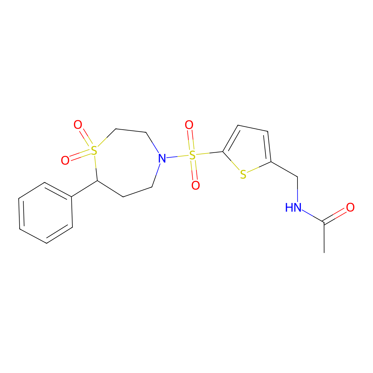 N-((5-((1,1-dioxido-7-phenyl-1,4-thiazepan-4-yl)sulfonyl)thiophen-2-yl)methyl)acetamide molecular structure, CAS 2034382-93-7