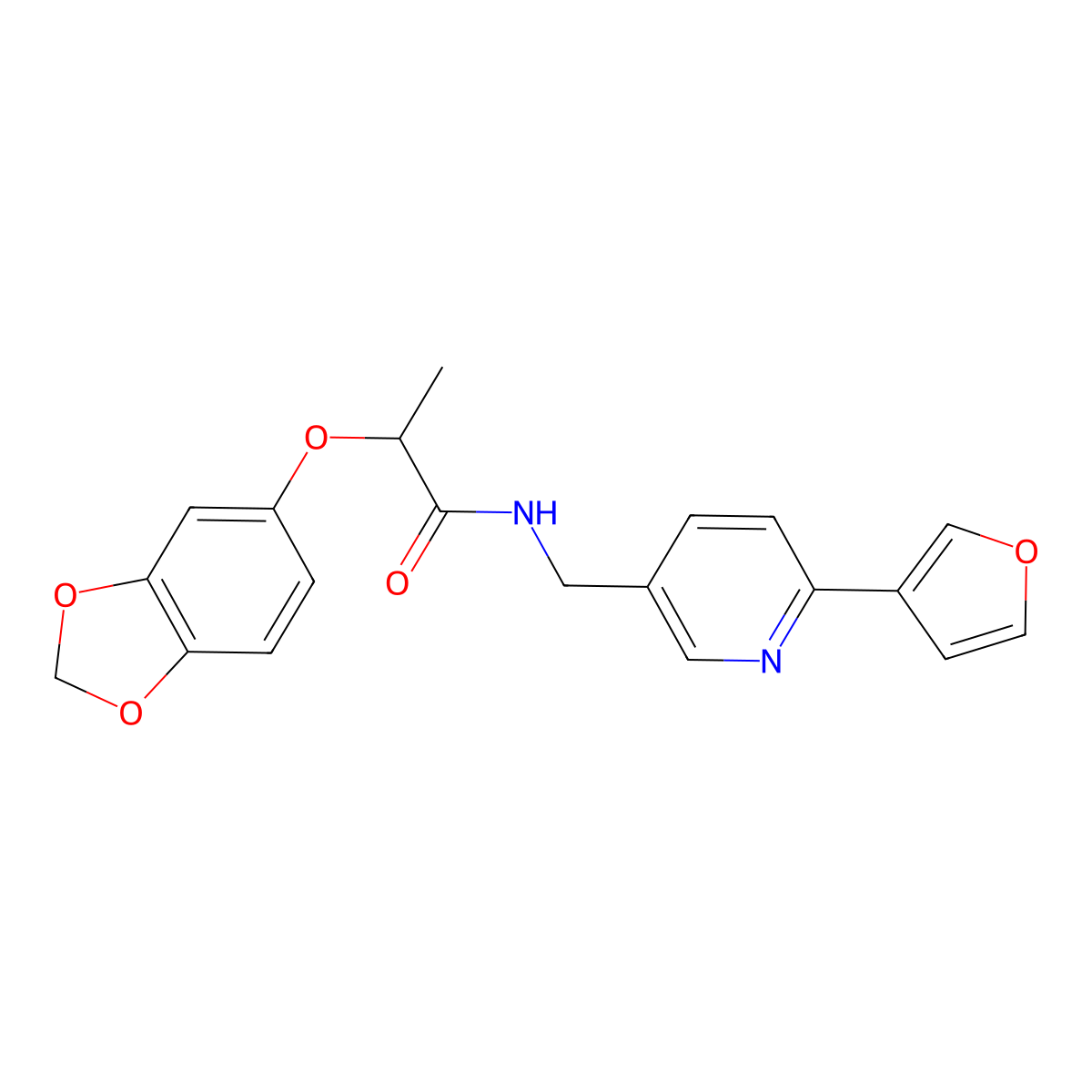 2-(benzo[d][1,3]dioxol-5-yloxy)-N-((6-(furan-3-yl)pyridin-3-yl)methyl)propanamide molecular structure, CAS 2034382-94-8