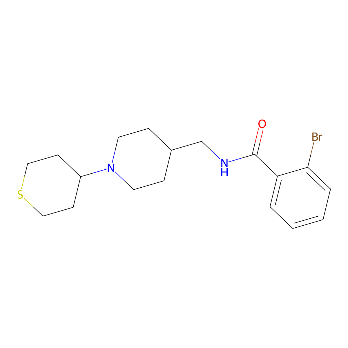 2-bromo-N-((1-(tetrahydro-2H-thiopyran-4-yl)piperidin-4-yl)methyl)benzamide molecular structure, CAS 2034382-95-9