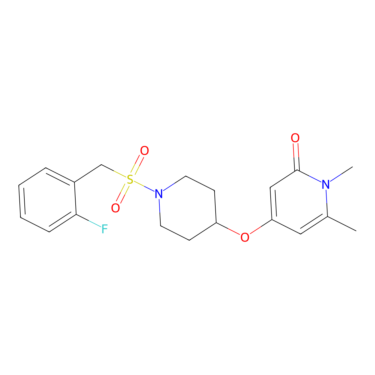 4-((1-((2-fluorobenzyl)sulfonyl)piperidin-4-yl)oxy)-1,6-dimethylpyridin-2(1H)-one molecular structure, CAS 2034383-00-9