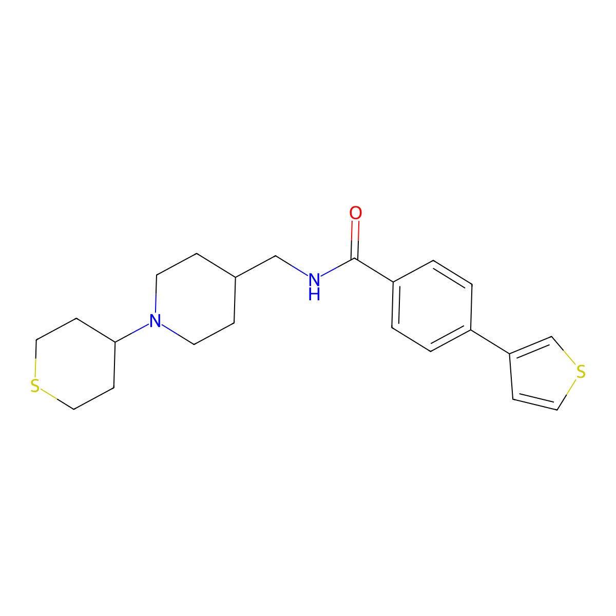 N-((1-(tetrahydro-2H-thiopyran-4-yl)piperidin-4-yl)methyl)-4-(thiophen-3-yl)benzamide molecular structure, CAS 2034383-03-2