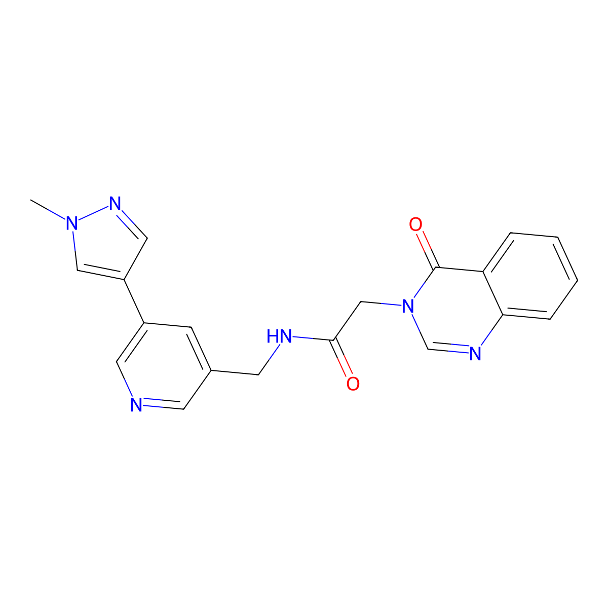 N-((5-(1-methyl-1H-pyrazol-4-yl)pyridin-3-yl)methyl)-2-(4-oxoquinazolin-3(4H)-yl)acetamide molecular structure, CAS 2034383-04-3