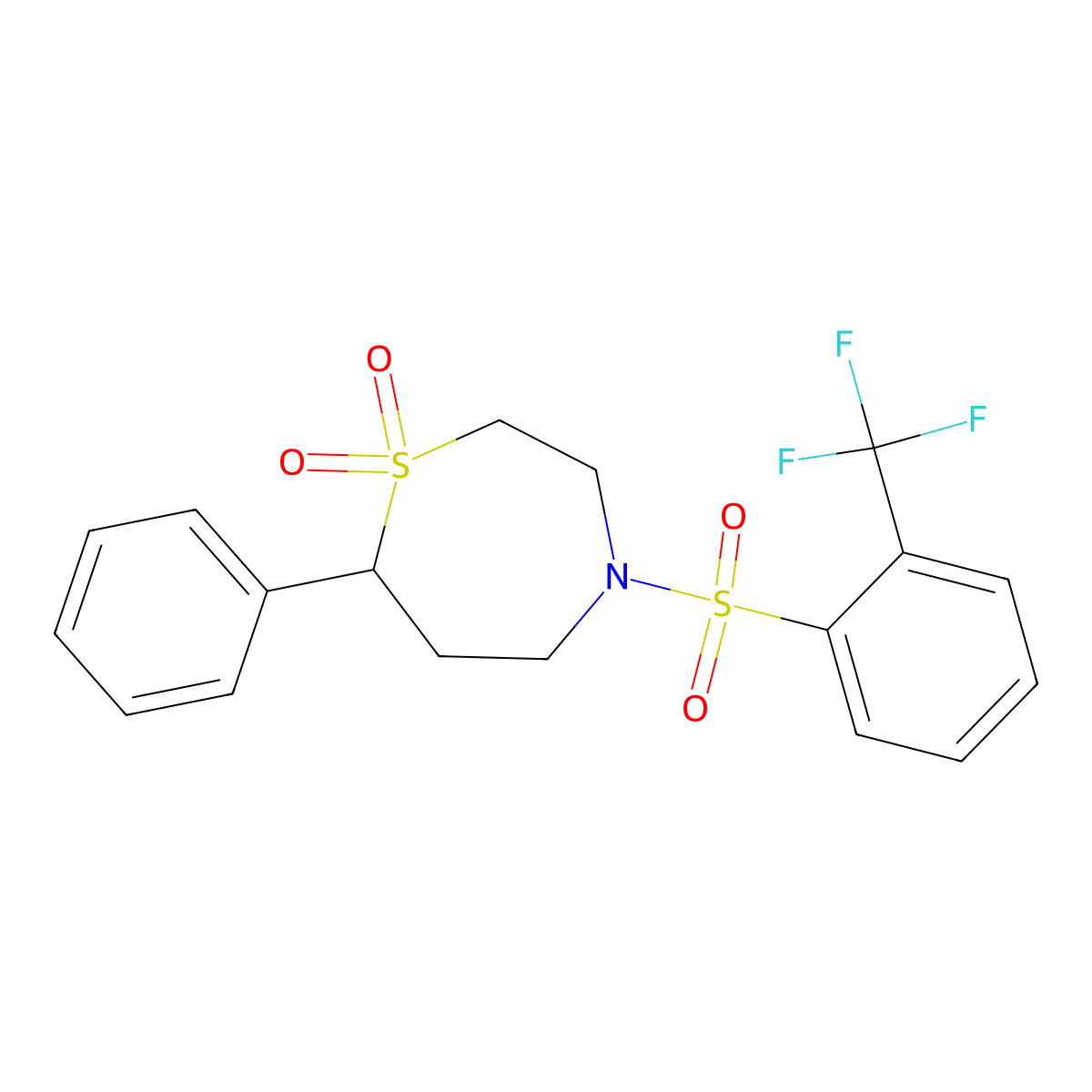 7-Phenyl-4-((2-(trifluoromethyl)phenyl)sulfonyl)-1,4-thiazepane 1,1-dioxide molecular structure, CAS 2034383-09-8