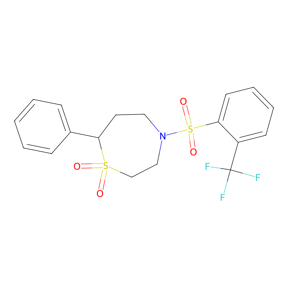 7-Phenyl-4-((2-(trifluoromethyl)phenyl)sulfonyl)-1,4-thiazepane 1,1-dioxide molecular structure, CAS 2034383-09-8