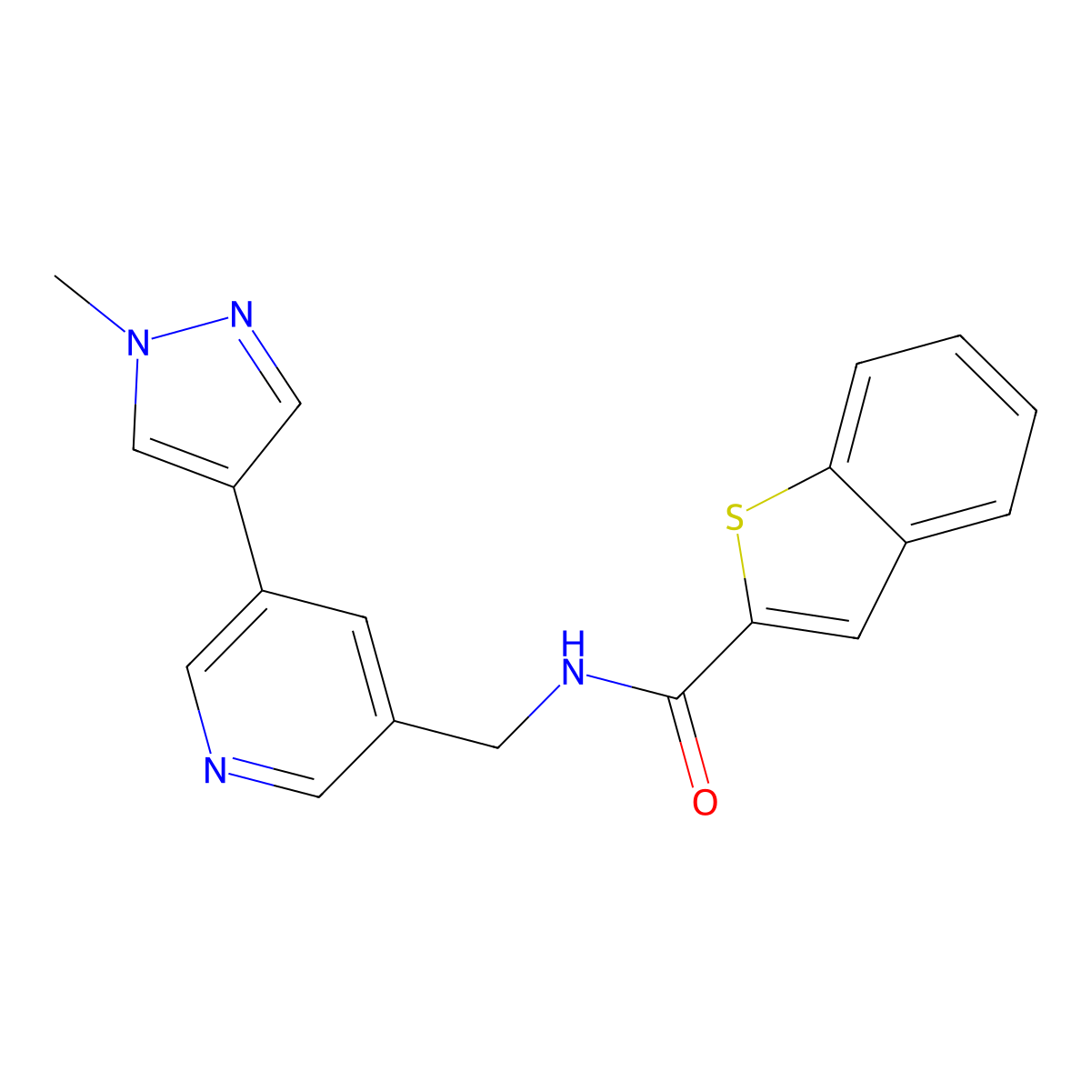 N-((5-(1-methyl-1H-pyrazol-4-yl)pyridin-3-yl)methyl)benzo[b]thiophene-2-carboxamide molecular structure, CAS 2034383-10-1