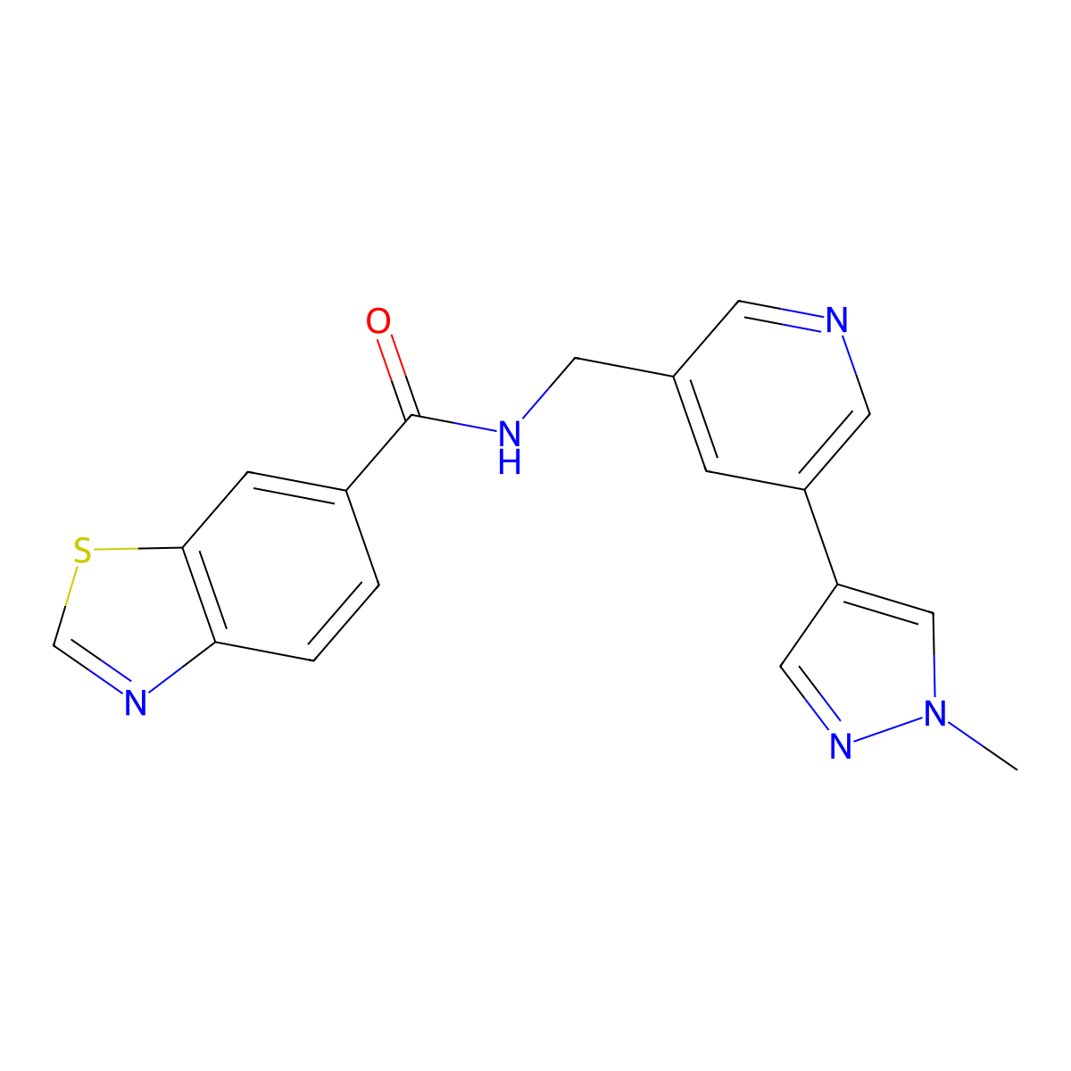 N-((5-(1-methyl-1H-pyrazol-4-yl)pyridin-3-yl)methyl)benzo[d]thiazole-6-carboxamide molecular structure, CAS 2034383-16-7