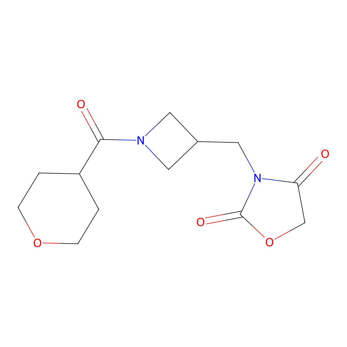 3-((1-(tetrahydro-2H-pyran-4-carbonyl)azetidin-3-yl)methyl)oxazolidine-2,4-dione molecular structure, CAS 2034383-19-0