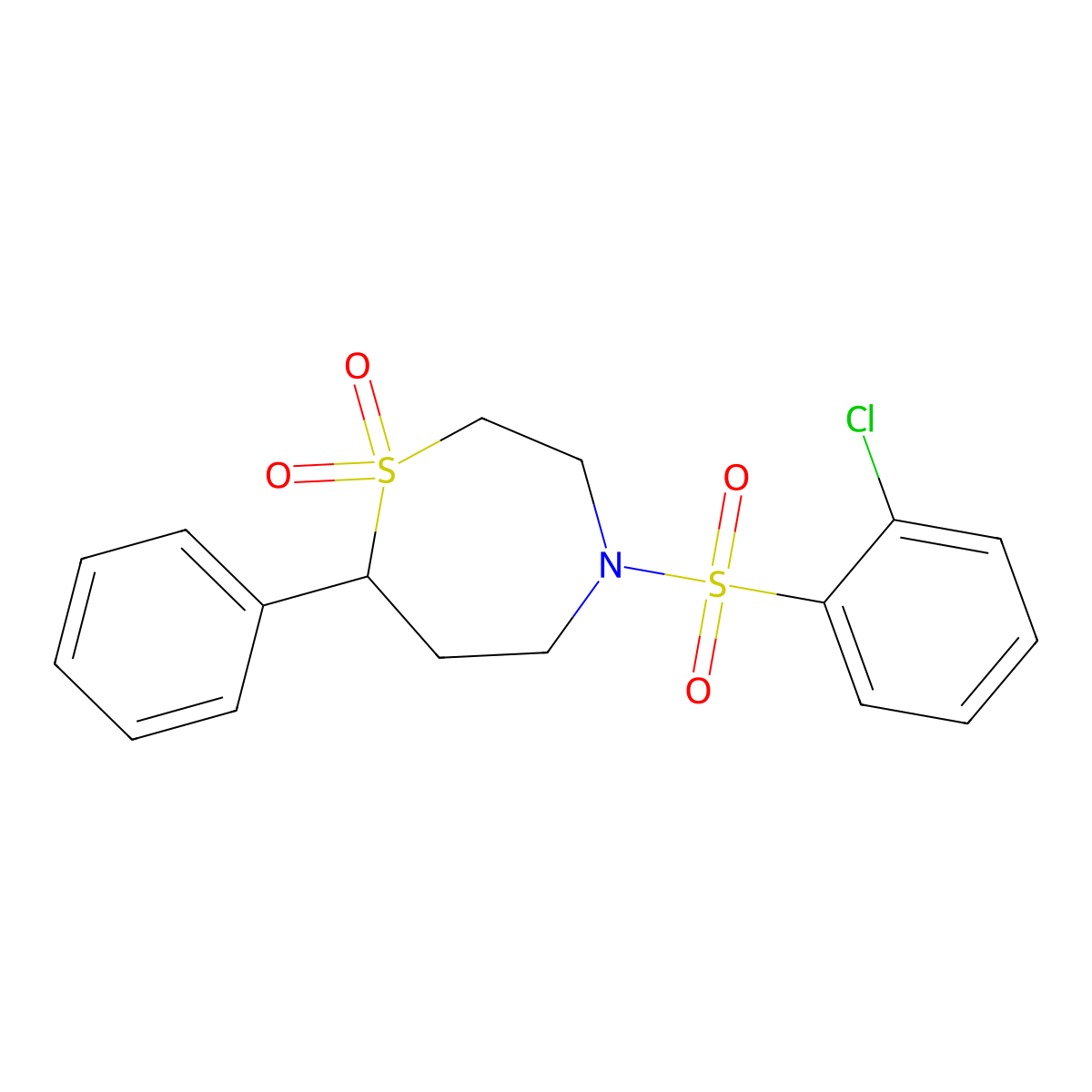 4-((2-Chlorophenyl)sulfonyl)-7-phenyl-1,4-thiazepane 1,1-dioxide molecular structure, CAS 2034383-24-7