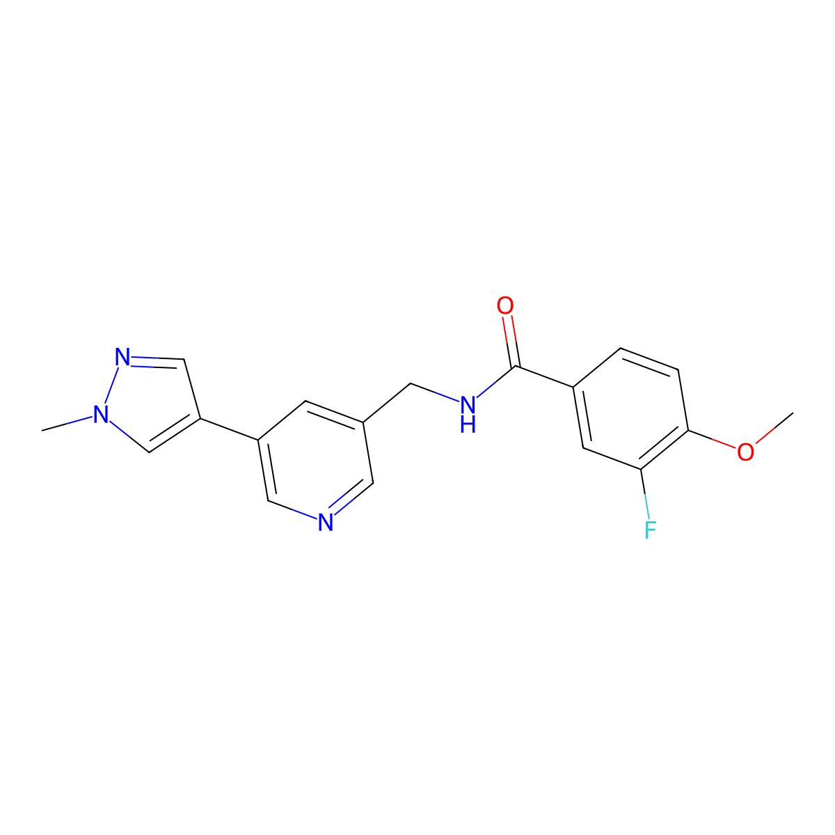 3-fluoro-4-methoxy-N-((5-(1-methyl-1H-pyrazol-4-yl)pyridin-3-yl)methyl)benzamide molecular structure, CAS 2034383-25-8