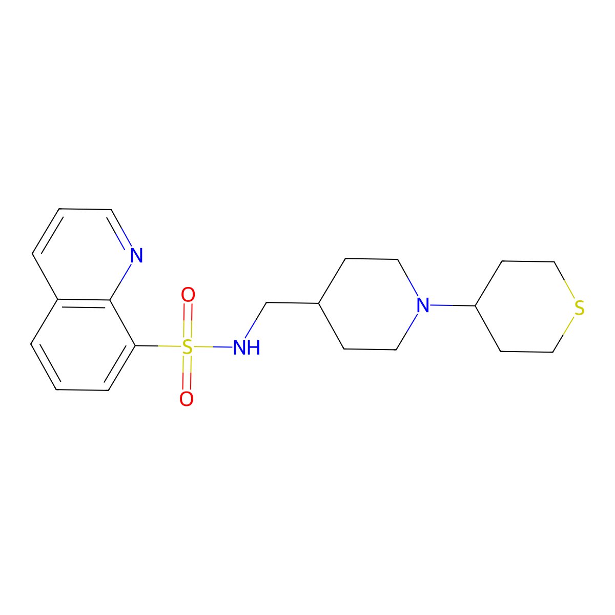 N-((1-(tetrahydro-2H-thiopyran-4-yl)piperidin-4-yl)methyl)quinoline-8-sulfonamide molecular structure, CAS 2034383-27-0