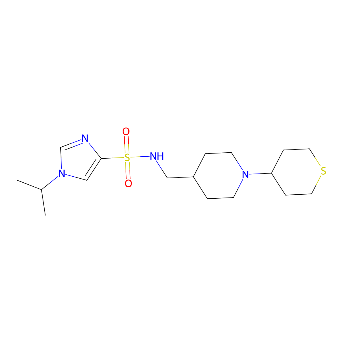 1-isopropyl-N-((1-(tetrahydro-2H-thiopyran-4-yl)piperidin-4-yl)methyl)-1H-imidazole-4-sulfonamide molecular structure, CAS 2034383-34-9