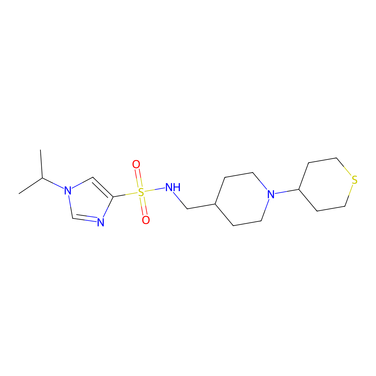 1-isopropyl-N-((1-(tetrahydro-2H-thiopyran-4-yl)piperidin-4-yl)methyl)-1H-imidazole-4-sulfonamide molecular structure, CAS 2034383-34-9