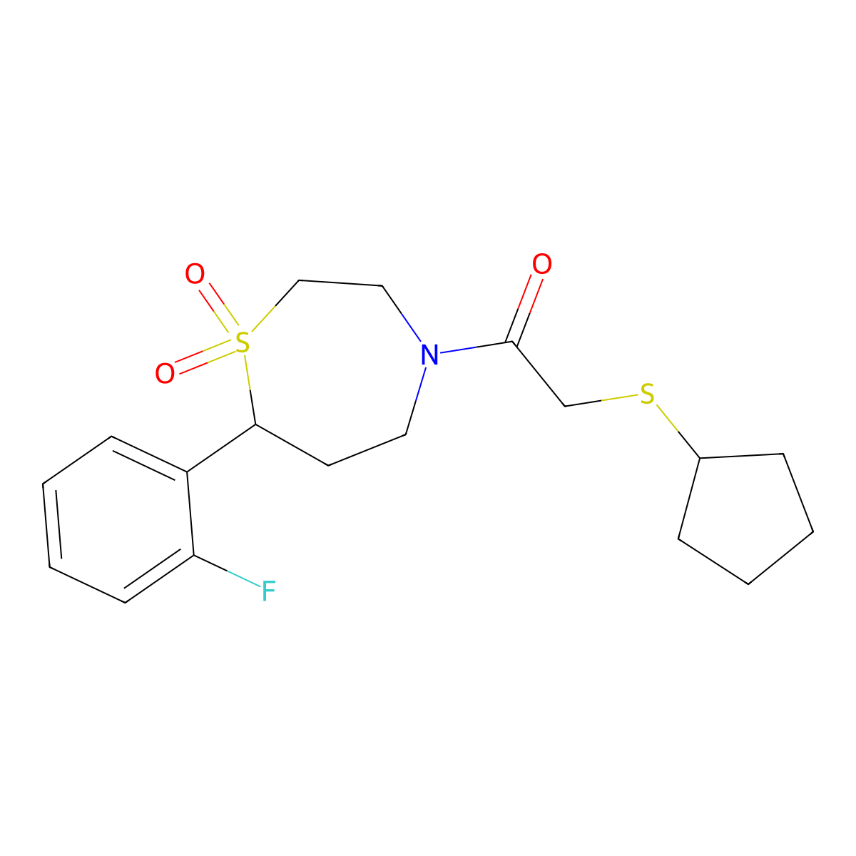 2-(Cyclopentylthio)-1-(7-(2-fluorophenyl)-1,1-dioxido-1,4-thiazepan-4-yl)ethanone molecular structure, CAS 2034383-36-1