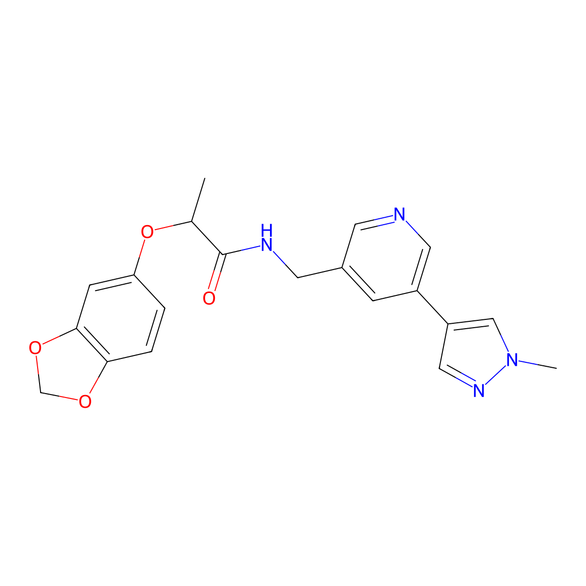 2-(benzo[d][1,3]dioxol-5-yloxy)-N-((5-(1-methyl-1H-pyrazol-4-yl)pyridin-3-yl)methyl)propanamide molecular structure, CAS 2034383-37-2