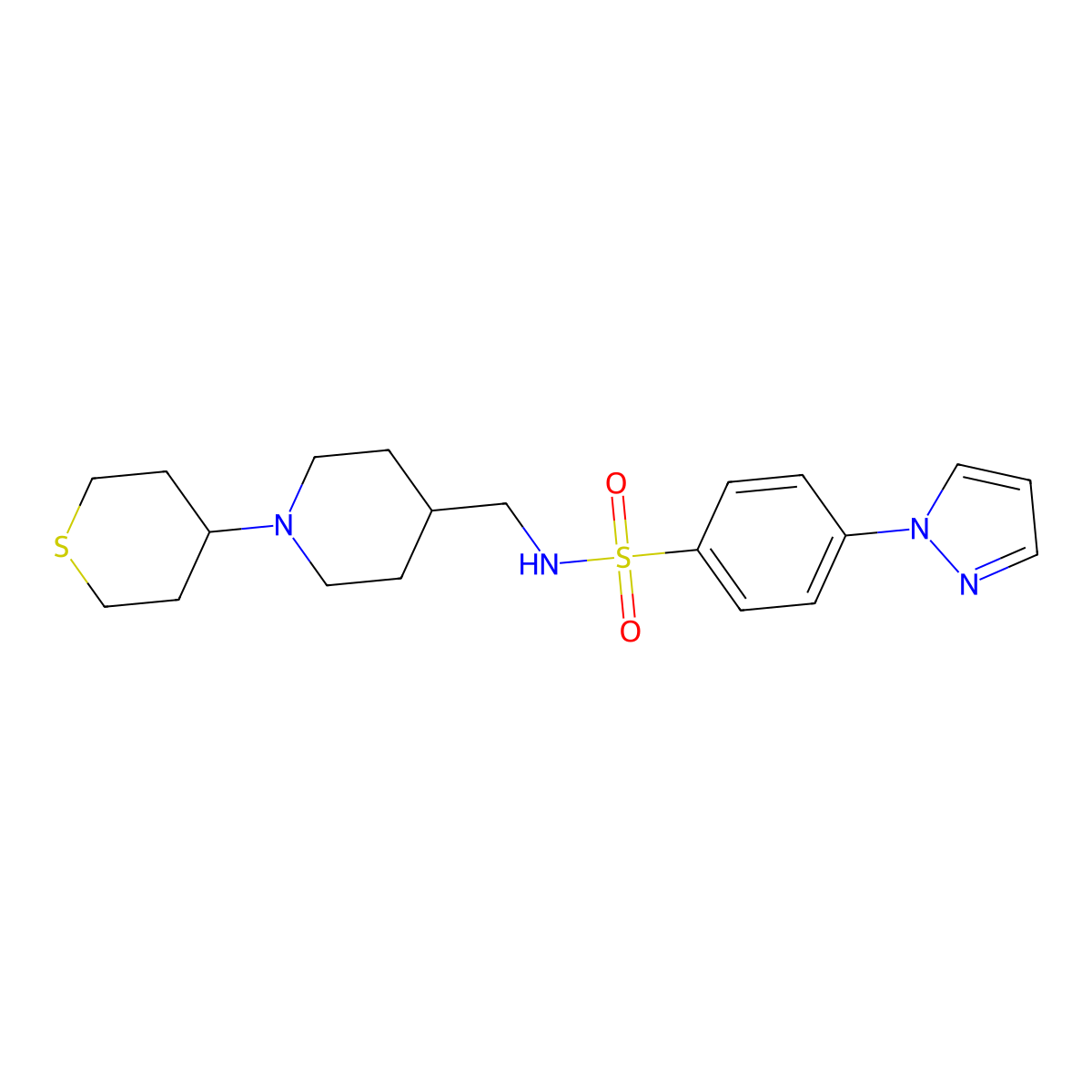 4-(1H-pyrazol-1-yl)-N-((1-(tetrahydro-2H-thiopyran-4-yl)piperidin-4-yl)methyl)benzenesulfonamide molecular structure, CAS 2034383-42-9