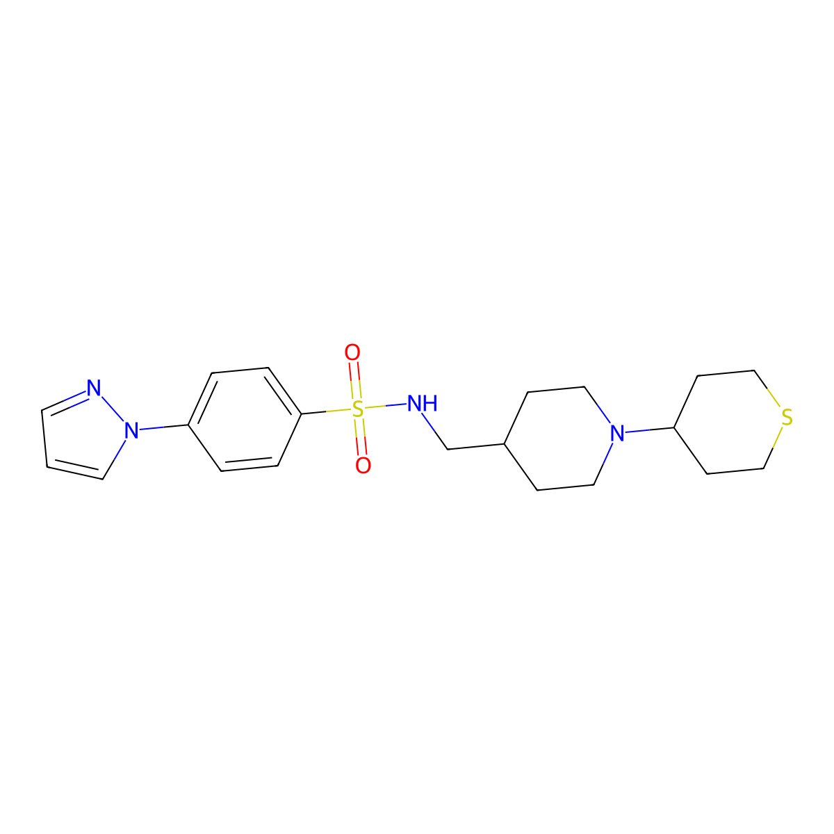 4-(1H-pyrazol-1-yl)-N-((1-(tetrahydro-2H-thiopyran-4-yl)piperidin-4-yl)methyl)benzenesulfonamide molecular structure, CAS 2034383-42-9