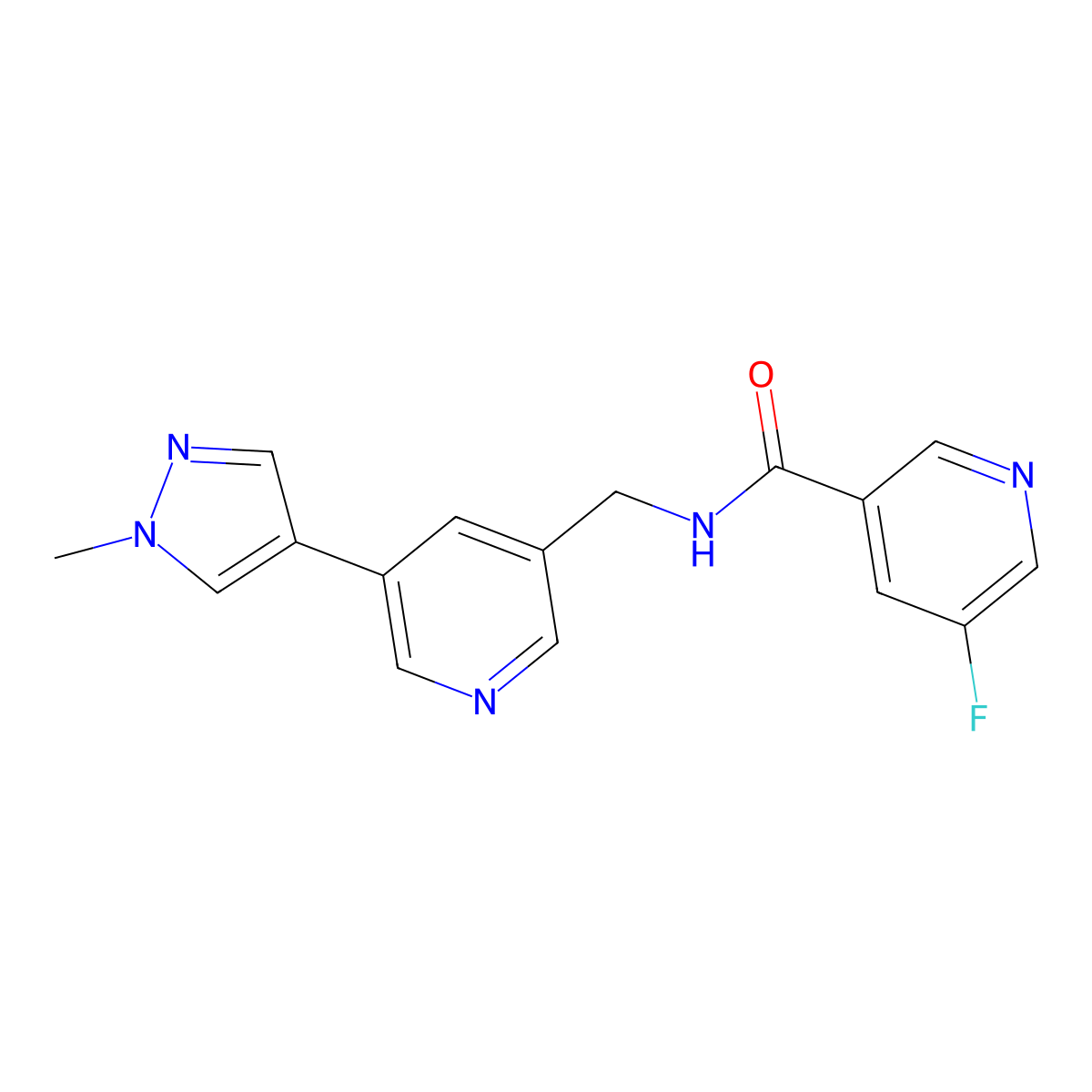 5-fluoro-N-((5-(1-methyl-1H-pyrazol-4-yl)pyridin-3-yl)methyl)nicotinamide molecular structure, CAS 2034383-45-2