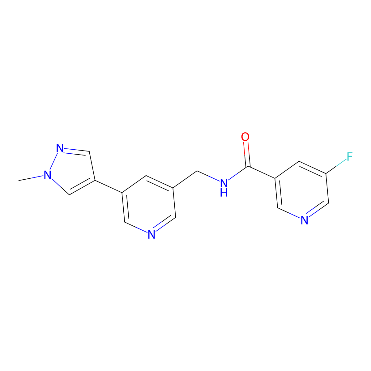 5-fluoro-N-((5-(1-methyl-1H-pyrazol-4-yl)pyridin-3-yl)methyl)nicotinamide molecular structure, CAS 2034383-45-2