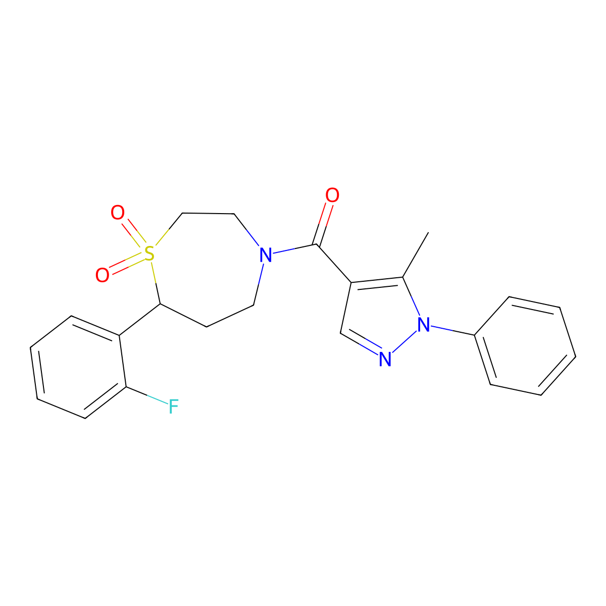 (7-(2-fluorophenyl)-1,1-dioxido-1,4-thiazepan-4-yl)(5-methyl-1-phenyl-1H-pyrazol-4-yl)methanone molecular structure, CAS 2034383-47-4