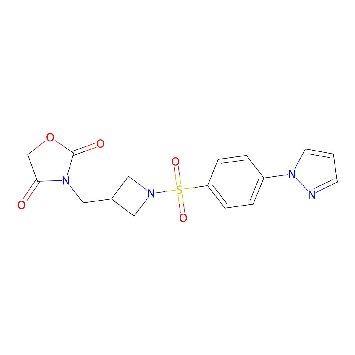 3-((1-((4-(1H-pyrazol-1-yl)phenyl)sulfonyl)azetidin-3-yl)methyl)oxazolidine-2,4-dione molecular structure, CAS 2034383-50-9