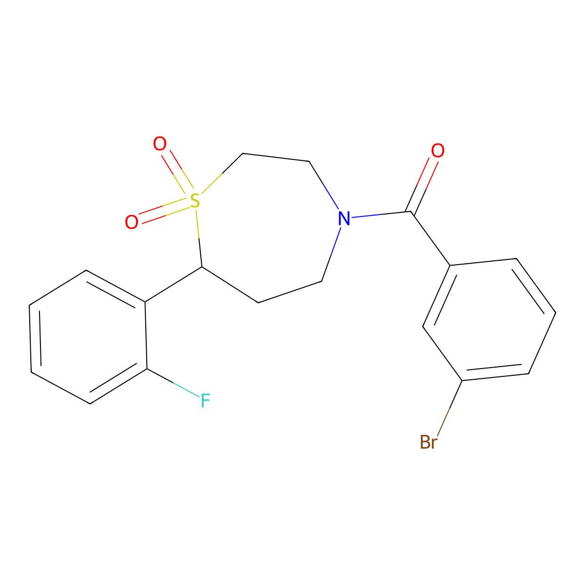 (3-Bromophenyl)(7-(2-fluorophenyl)-1,1-dioxido-1,4-thiazepan-4-yl)methanone molecular structure, CAS 2034383-53-2