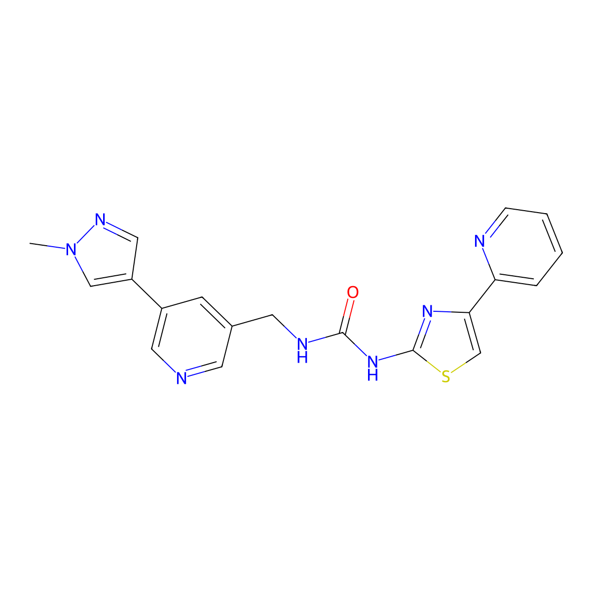 1-((5-(1-methyl-1H-pyrazol-4-yl)pyridin-3-yl)methyl)-3-(4-(pyridin-2-yl)thiazol-2-yl)urea molecular structure, CAS 2034383-57-6