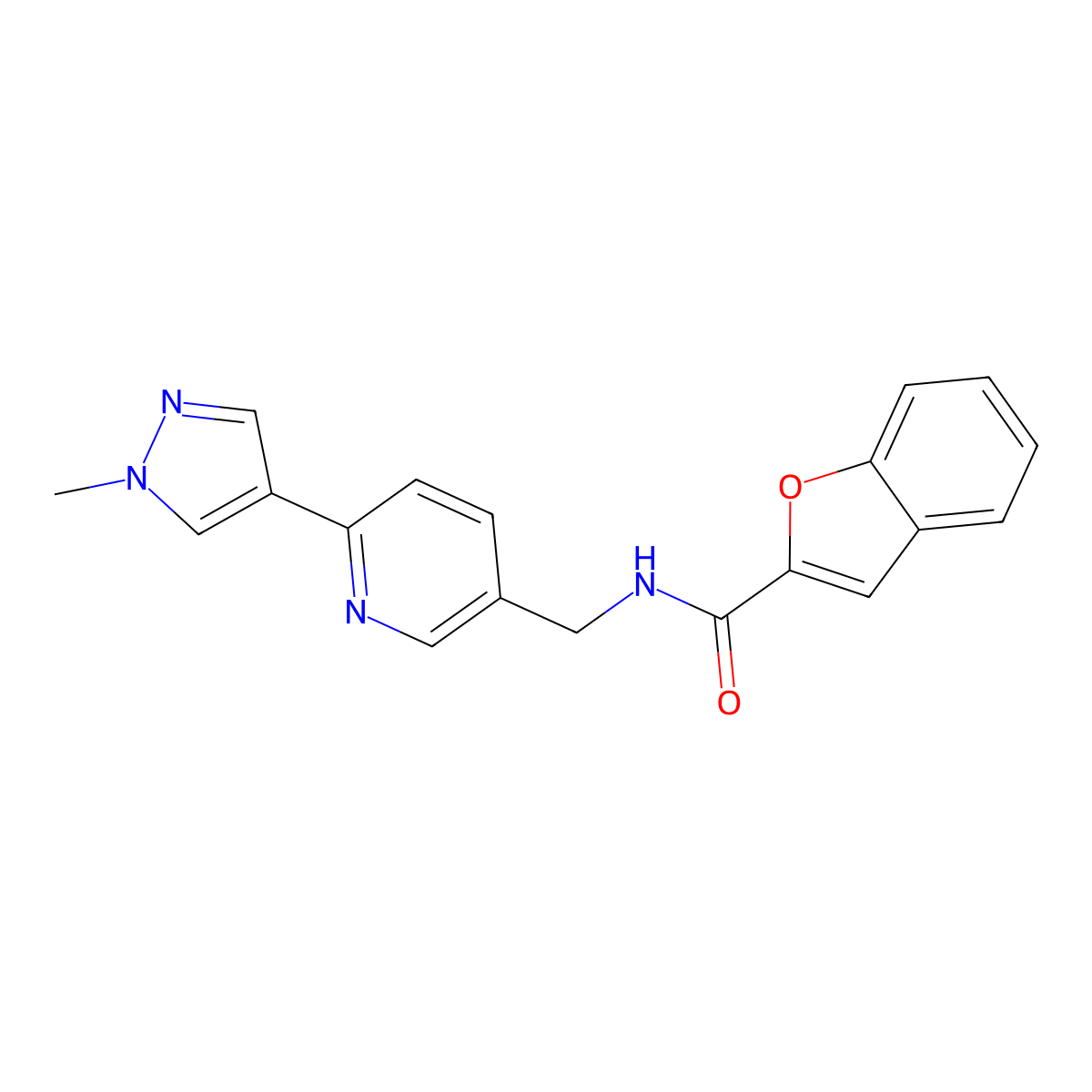 N-((6-(1-methyl-1H-pyrazol-4-yl)pyridin-3-yl)methyl)benzofuran-2-carboxamide molecular structure, CAS 2034383-68-9