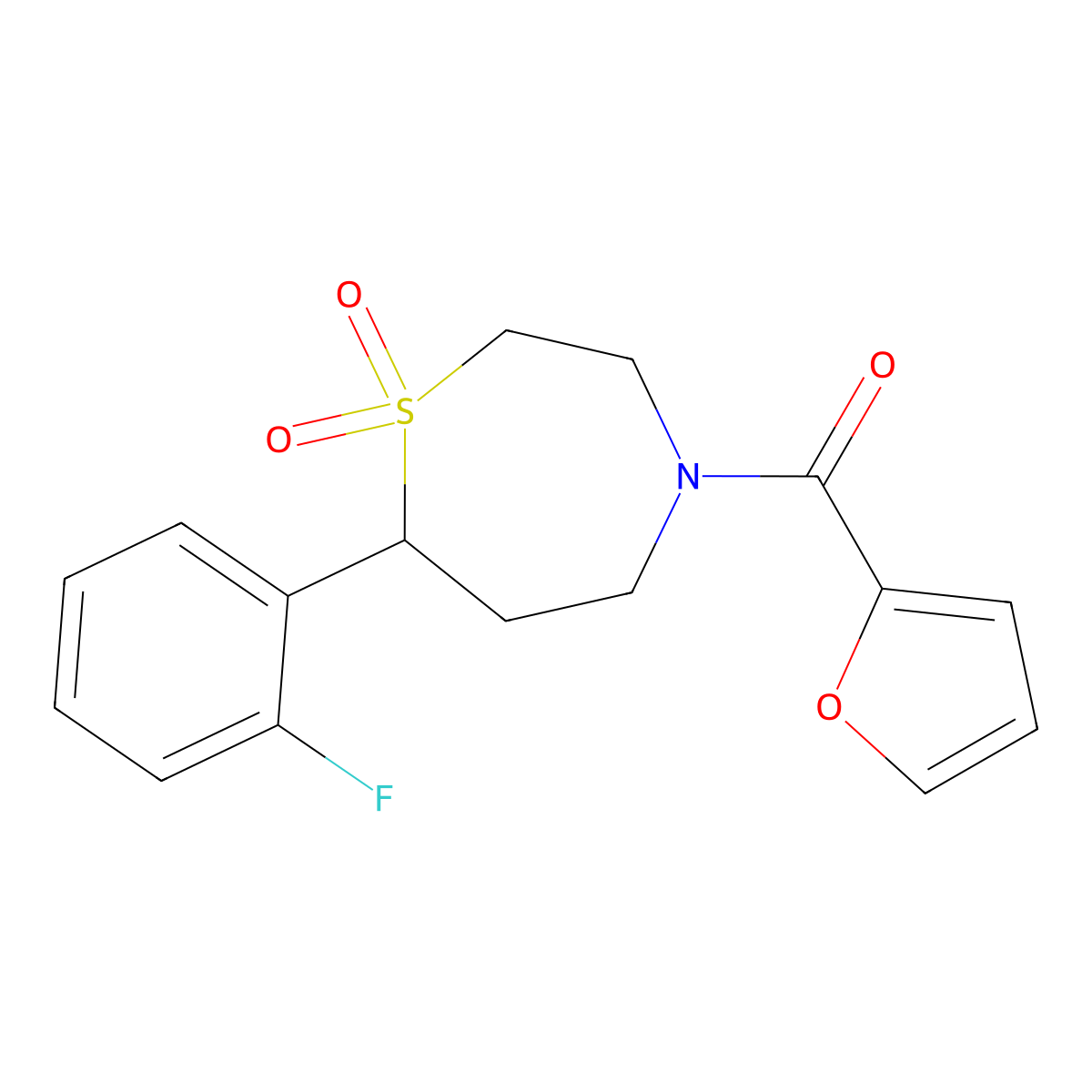 (7-(2-Fluorophenyl)-1,1-dioxido-1,4-thiazepan-4-yl)(furan-2-yl)methanone molecular structure, CAS 2034383-69-0