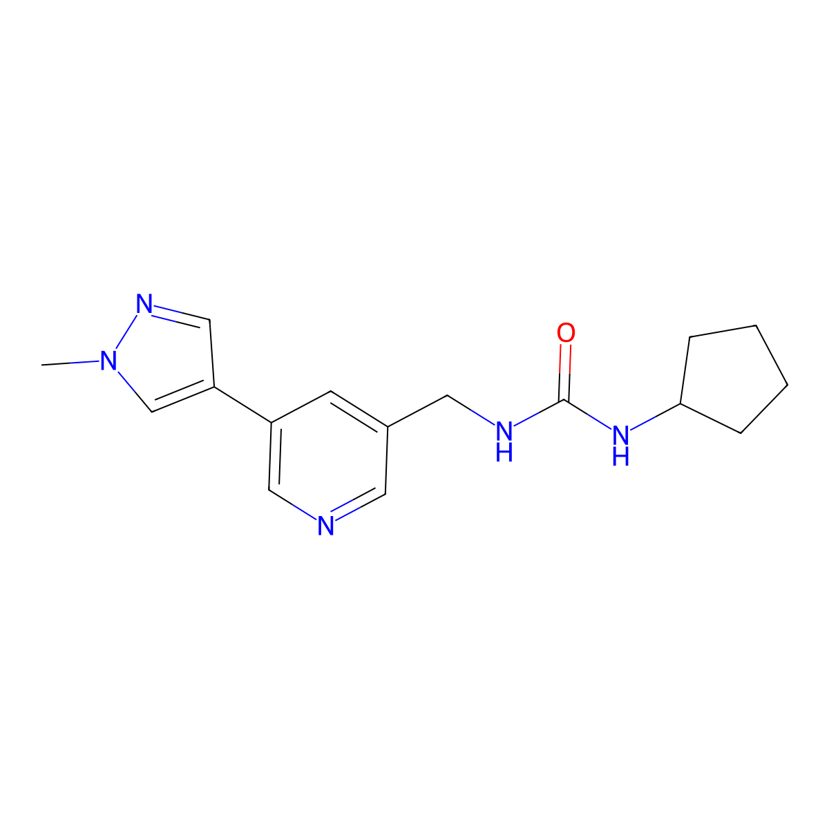 1-cyclopentyl-3-((5-(1-methyl-1H-pyrazol-4-yl)pyridin-3-yl)methyl)urea molecular structure, CAS 2034383-79-2