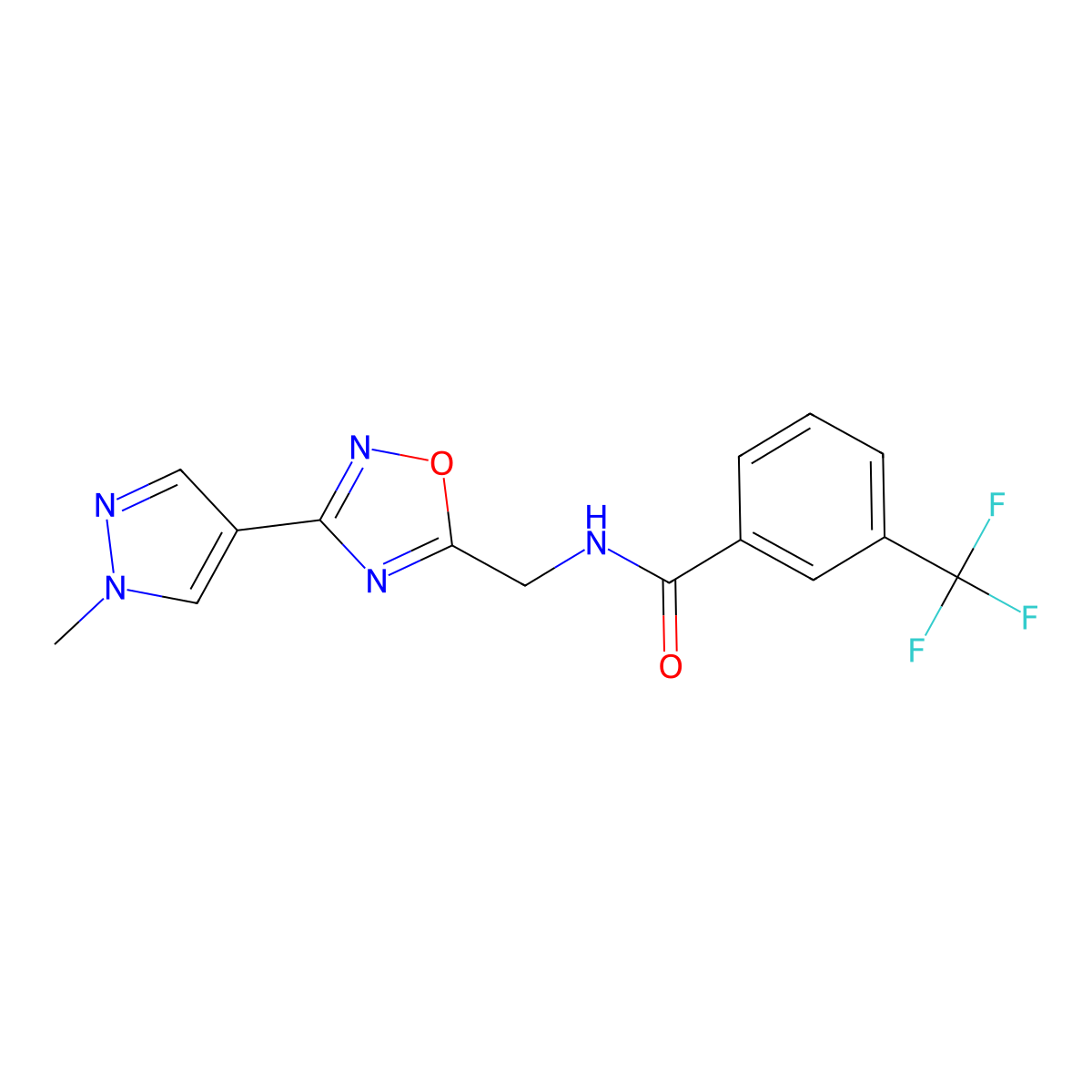 N-{[3-(1-methyl-1H-pyrazol-4-yl)-1,2,4-oxadiazol-5-yl]methyl}-3-(trifluoromethyl)benzamide molecular structure, CAS 2034383-86-1