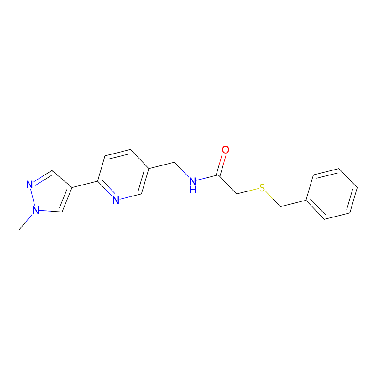 2-(benzylthio)-N-((6-(1-methyl-1H-pyrazol-4-yl)pyridin-3-yl)methyl)acetamide molecular structure, CAS 2034383-87-2