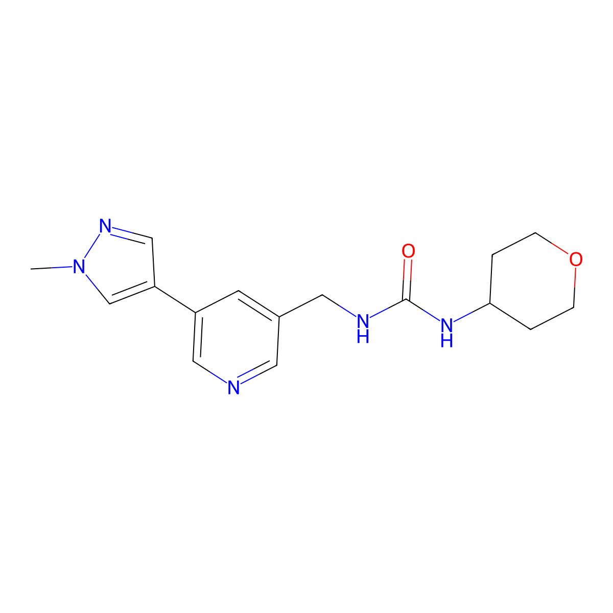 3-{[5-(1-methyl-1H-pyrazol-4-yl)pyridin-3-yl]methyl}-1-(oxan-4-yl)urea molecular structure, CAS 2034383-88-3