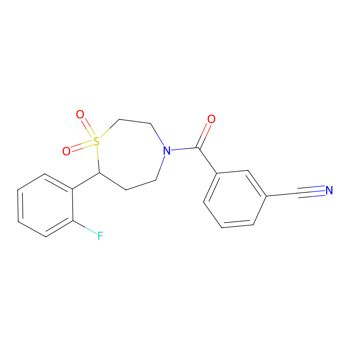 3-(7-(2-Fluorophenyl)-1,1-dioxido-1,4-thiazepane-4-carbonyl)benzonitrile molecular structure, CAS 2034383-92-9