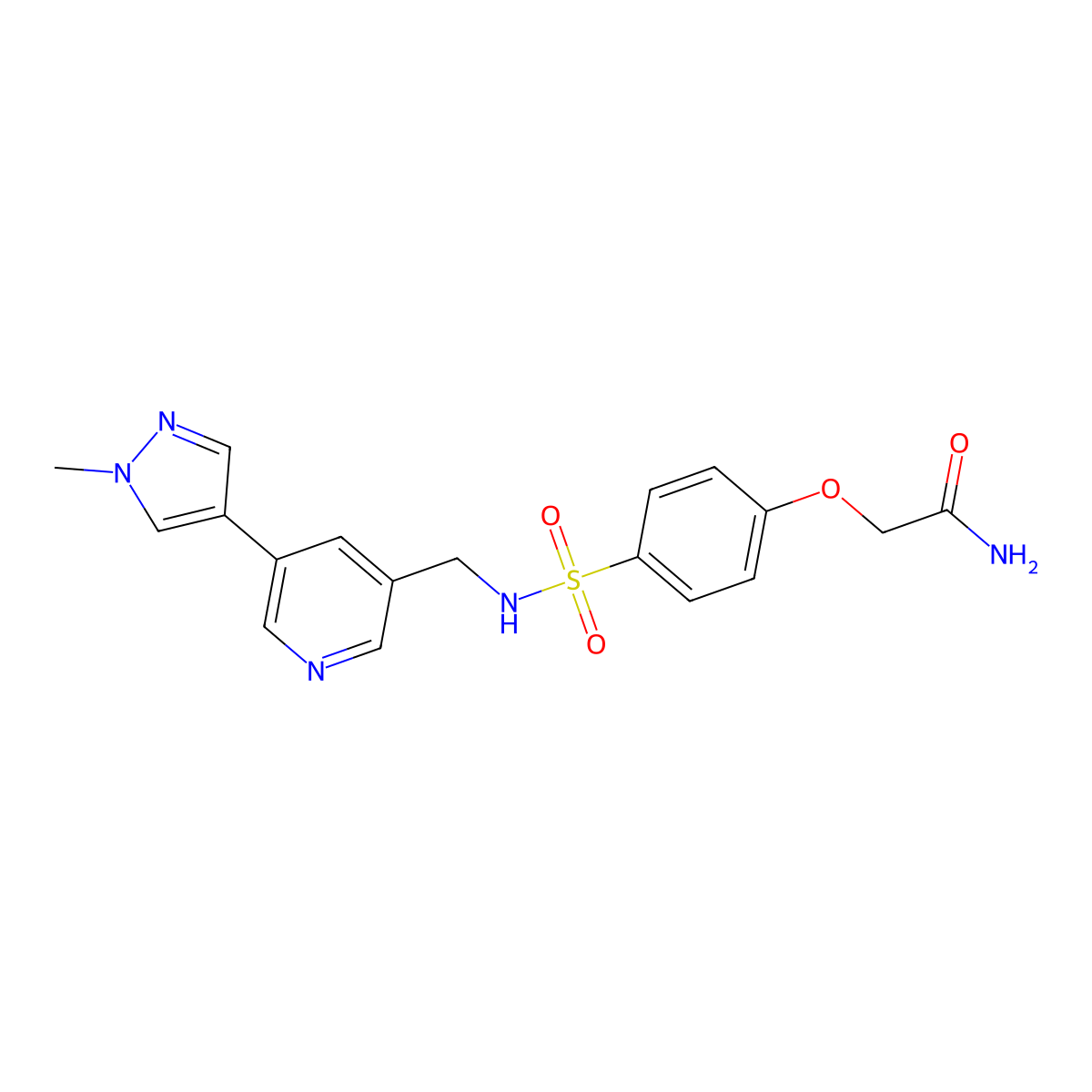 2-(4-(N-((5-(1-methyl-1H-pyrazol-4-yl)pyridin-3-yl)methyl)sulfamoyl)phenoxy)acetamide molecular structure, CAS 2034383-93-0