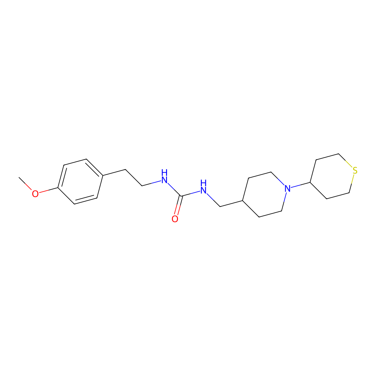 1-(4-methoxyphenethyl)-3-((1-(tetrahydro-2H-thiopyran-4-yl)piperidin-4-yl)methyl)urea molecular structure, CAS 2034383-97-4