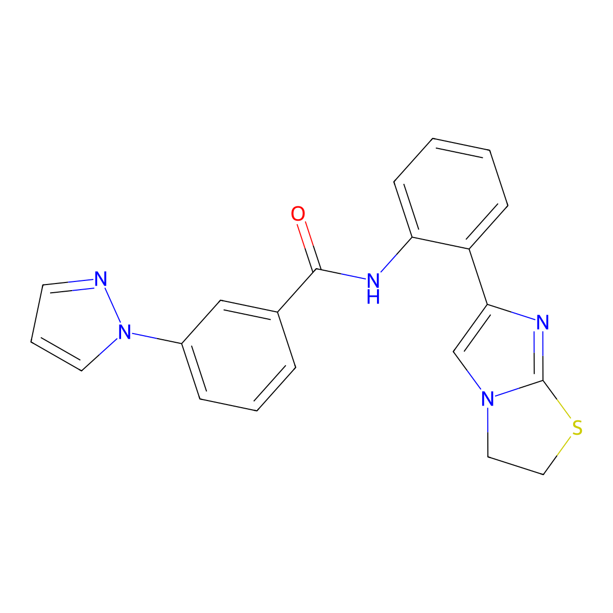 N-(2-(2,3-dihydroimidazo[2,1-b]thiazol-6-yl)phenyl)-3-(1H-pyrazol-1-yl)benzamide molecular structure, CAS 2034383-99-6
