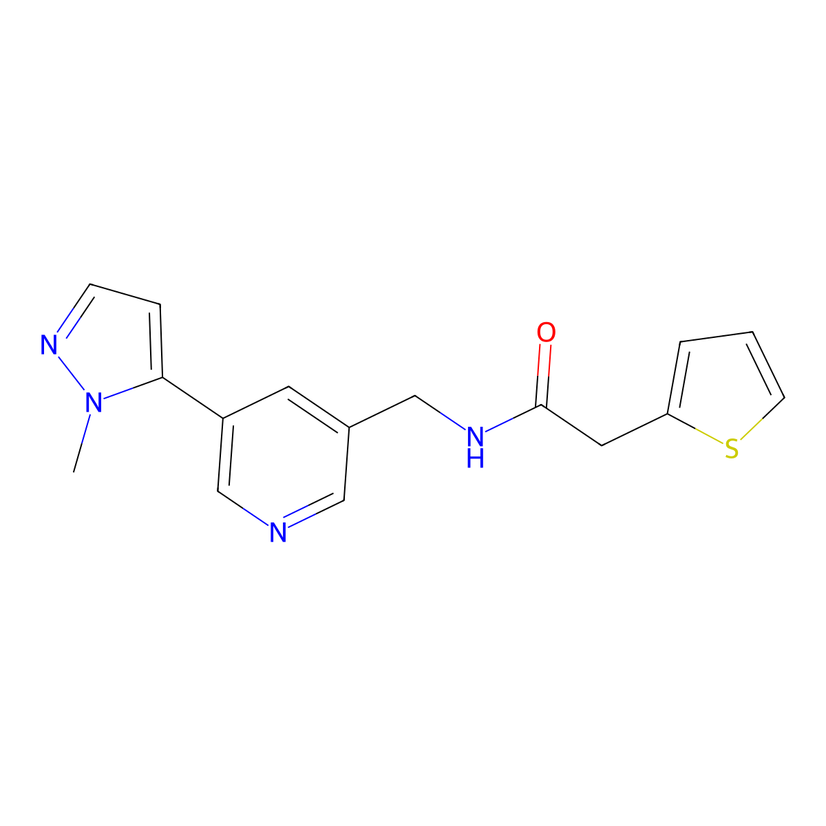 N-((5-(1-methyl-1H-pyrazol-5-yl)pyridin-3-yl)methyl)-2-(thiophen-2-yl)acetamide molecular structure, CAS 2034384-00-2