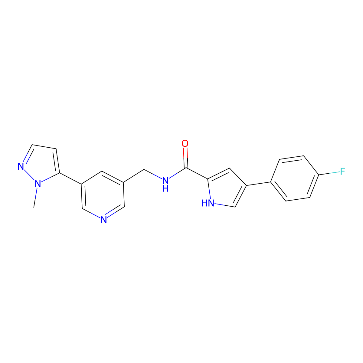 4-(4-fluorophenyl)-N-((5-(1-methyl-1H-pyrazol-5-yl)pyridin-3-yl)methyl)-1H-pyrrole-2-carboxamide molecular structure, CAS 2034384-06-8