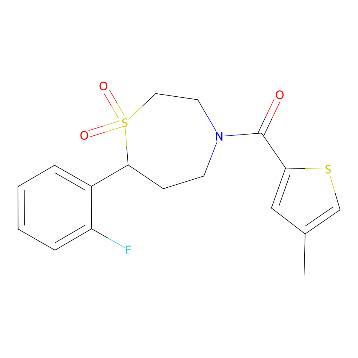 (7-(2-Fluorophenyl)-1,1-dioxido-1,4-thiazepan-4-yl)(4-methylthiophen-2-yl)methanone molecular structure, CAS 2034384-07-9