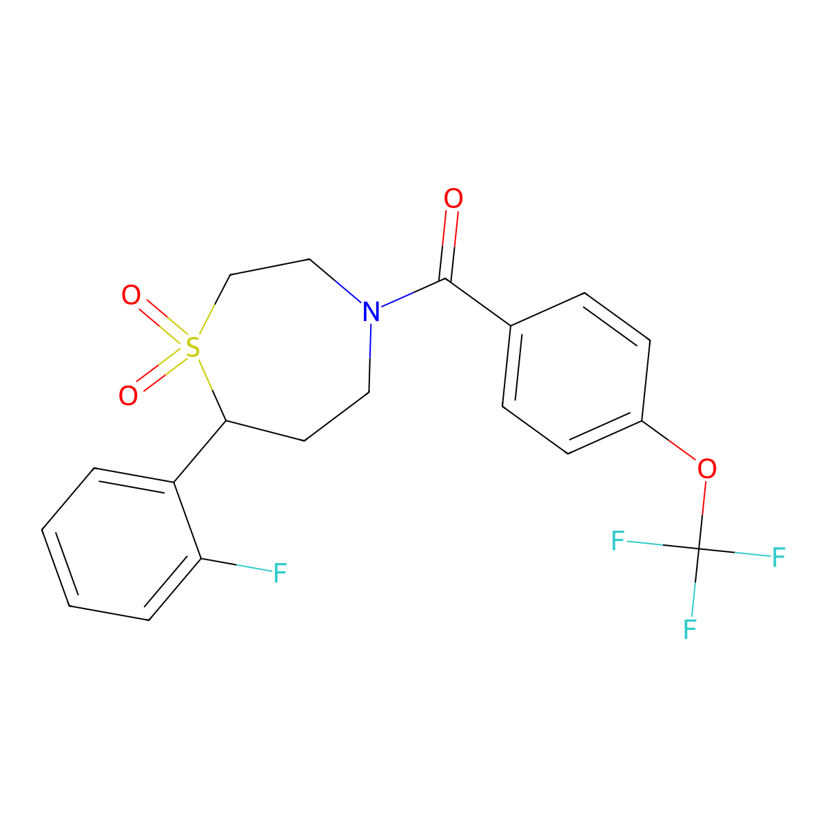(7-(2-Fluorophenyl)-1,1-dioxido-1,4-thiazepan-4-yl)(4-(trifluoromethoxy)phenyl)methanone molecular structure, CAS 2034384-13-7