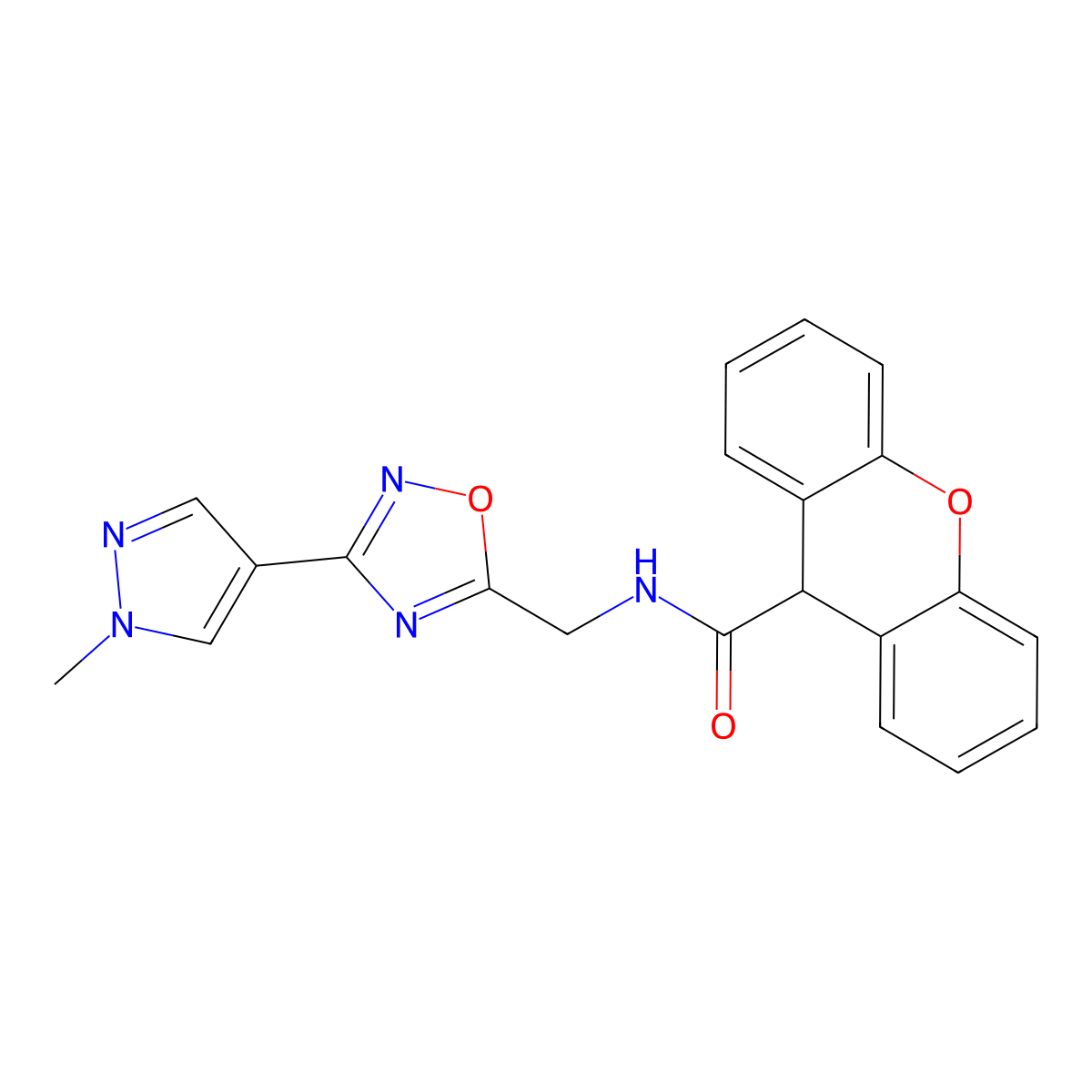 N-{[3-(1-methyl-1H-pyrazol-4-yl)-1,2,4-oxadiazol-5-yl]methyl}-9H-xanthene-9-carboxamide molecular structure, CAS 2034384-14-8
