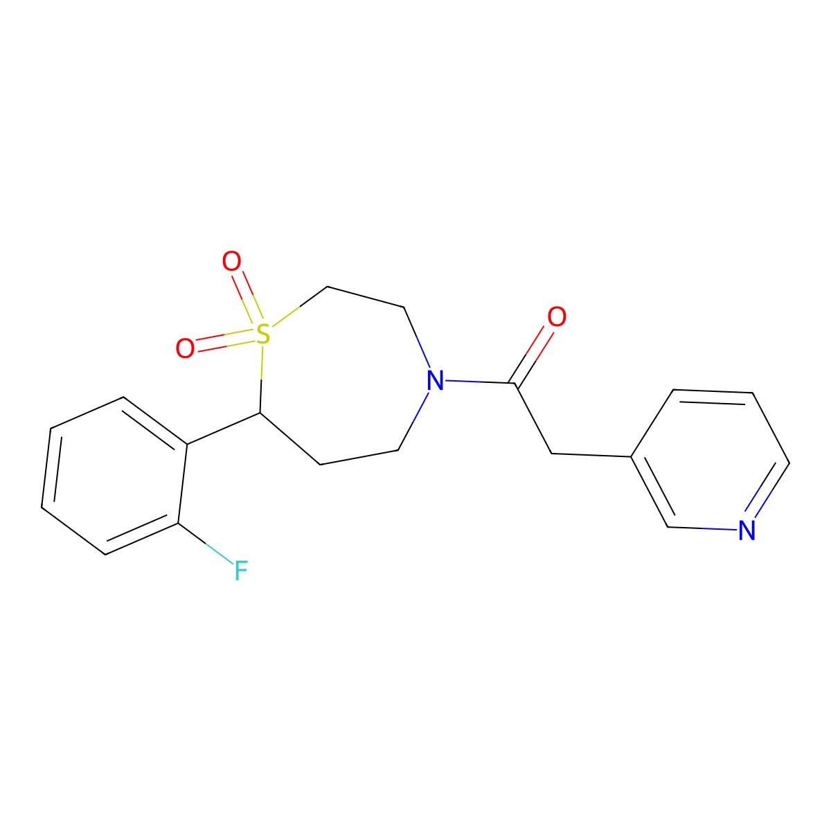 1-(7-(2-Fluorophenyl)-1,1-dioxido-1,4-thiazepan-4-yl)-2-(pyridin-3-yl)ethanone molecular structure, CAS 2034384-31-9