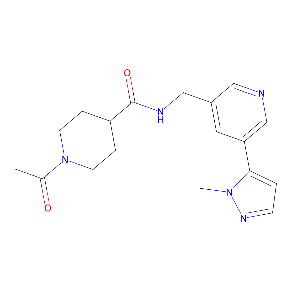 1-acetyl-N-{[5-(1-methyl-1H-pyrazol-5-yl)pyridin-3-yl]methyl}piperidine-4-carboxamide molecular structure, CAS 2034384-32-0