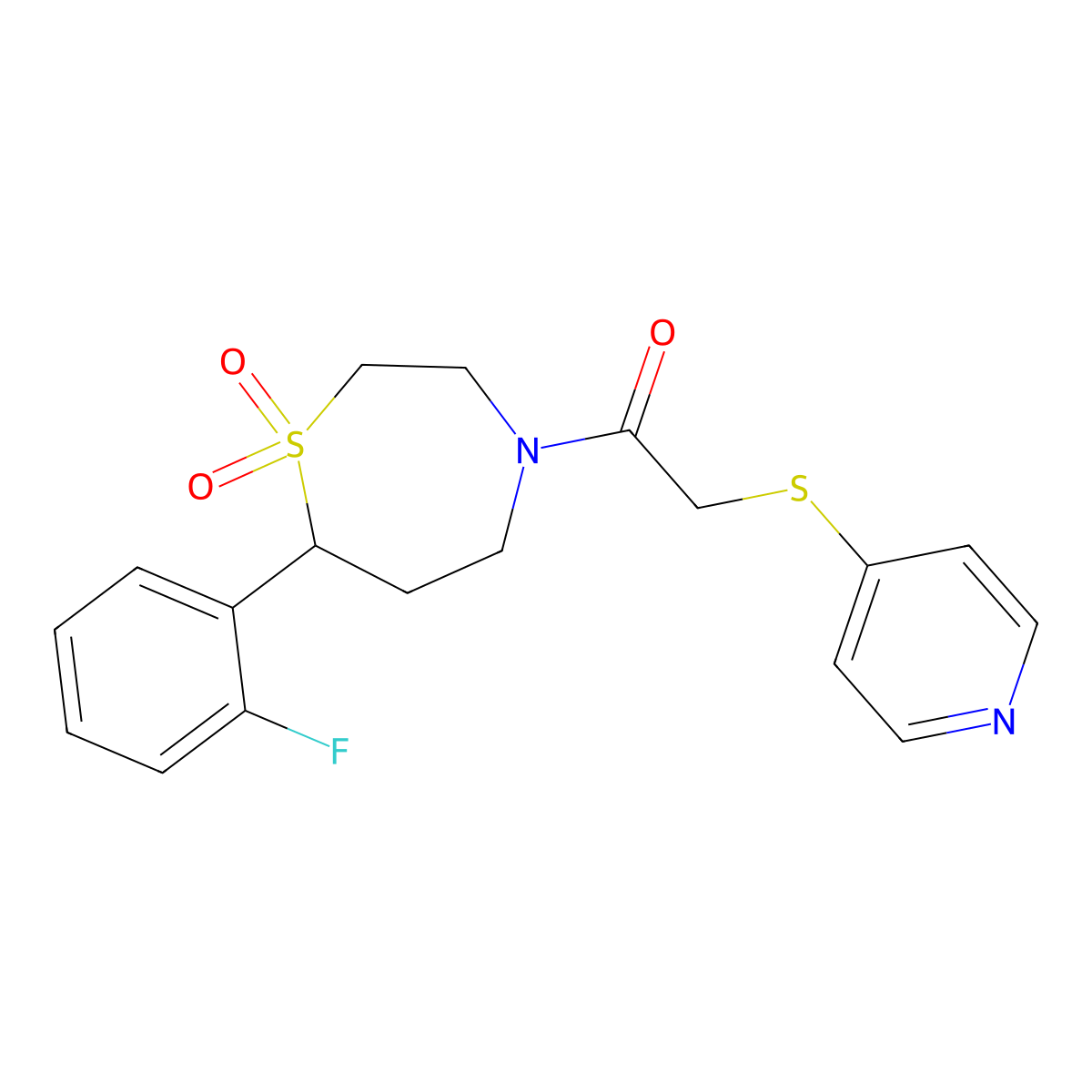 1-(7-(2-Fluorophenyl)-1,1-dioxido-1,4-thiazepan-4-yl)-2-(pyridin-4-ylthio)ethanone molecular structure, CAS 2034384-40-0