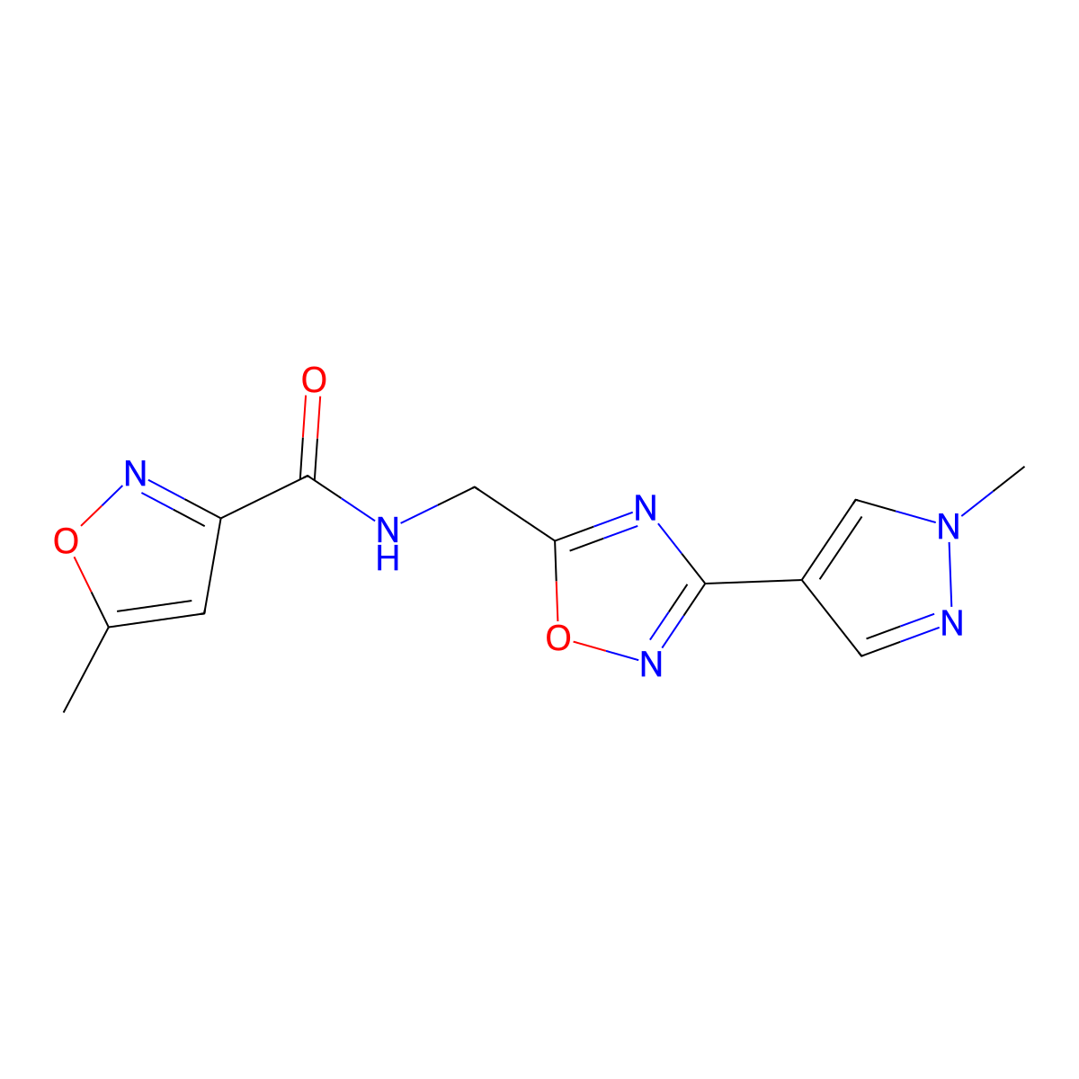 5-methyl-N-((3-(1-methyl-1H-pyrazol-4-yl)-1,2,4-oxadiazol-5-yl)methyl)isoxazole-3-carboxamide molecular structure, CAS 2034384-42-2