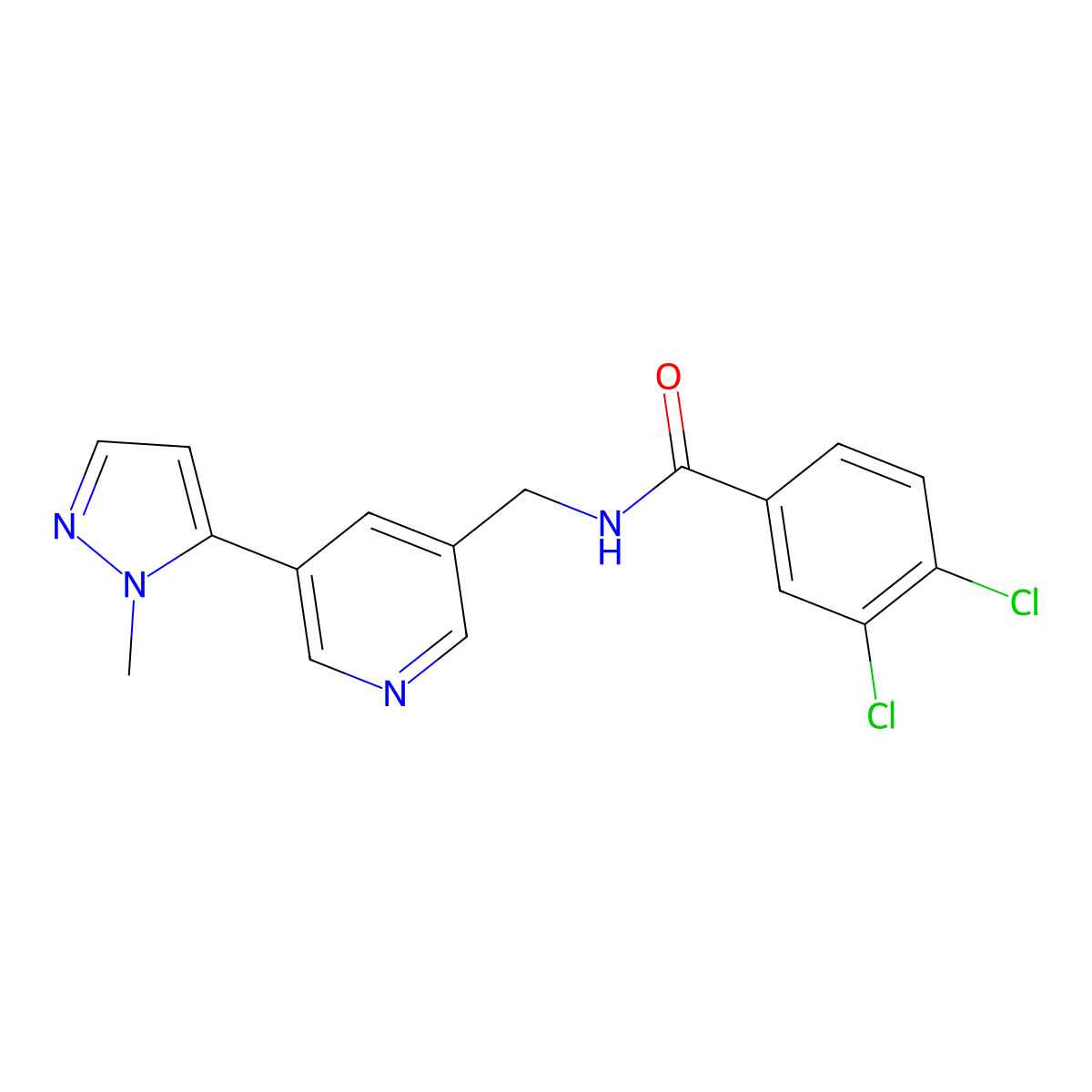 3,4-dichloro-N-((5-(1-methyl-1H-pyrazol-5-yl)pyridin-3-yl)methyl)benzamide molecular structure, CAS 2034384-46-6