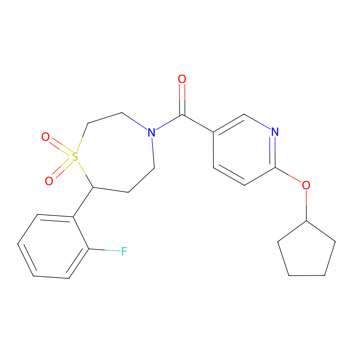 (6-(Cyclopentyloxy)pyridin-3-yl)(7-(2-fluorophenyl)-1,1-dioxido-1,4-thiazepan-4-yl)methanone molecular structure, CAS 2034384-48-8