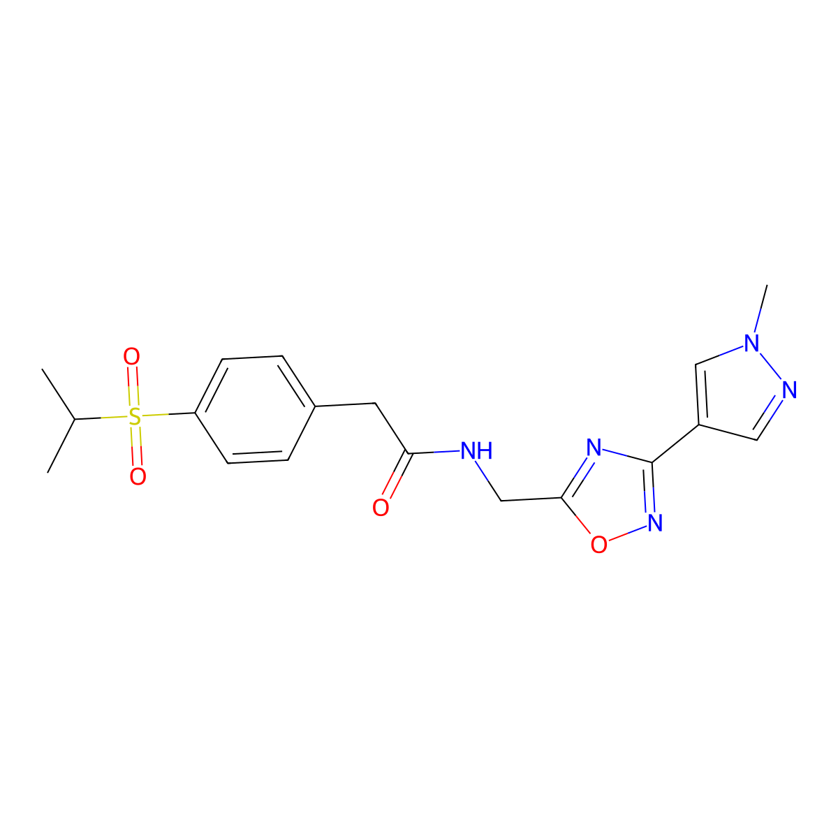 2-(4-(isopropylsulfonyl)phenyl)-N-((3-(1-methyl-1H-pyrazol-4-yl)-1,2,4-oxadiazol-5-yl)methyl)acetamide molecular structure, CAS 2034384-54-6