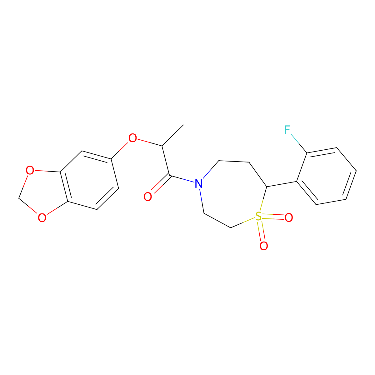 2-(Benzo[d][1,3]dioxol-5-yloxy)-1-(7-(2-fluorophenyl)-1,1-dioxido-1,4-thiazepan-4-yl)propan-1-one molecular structure, CAS 2034384-57-9