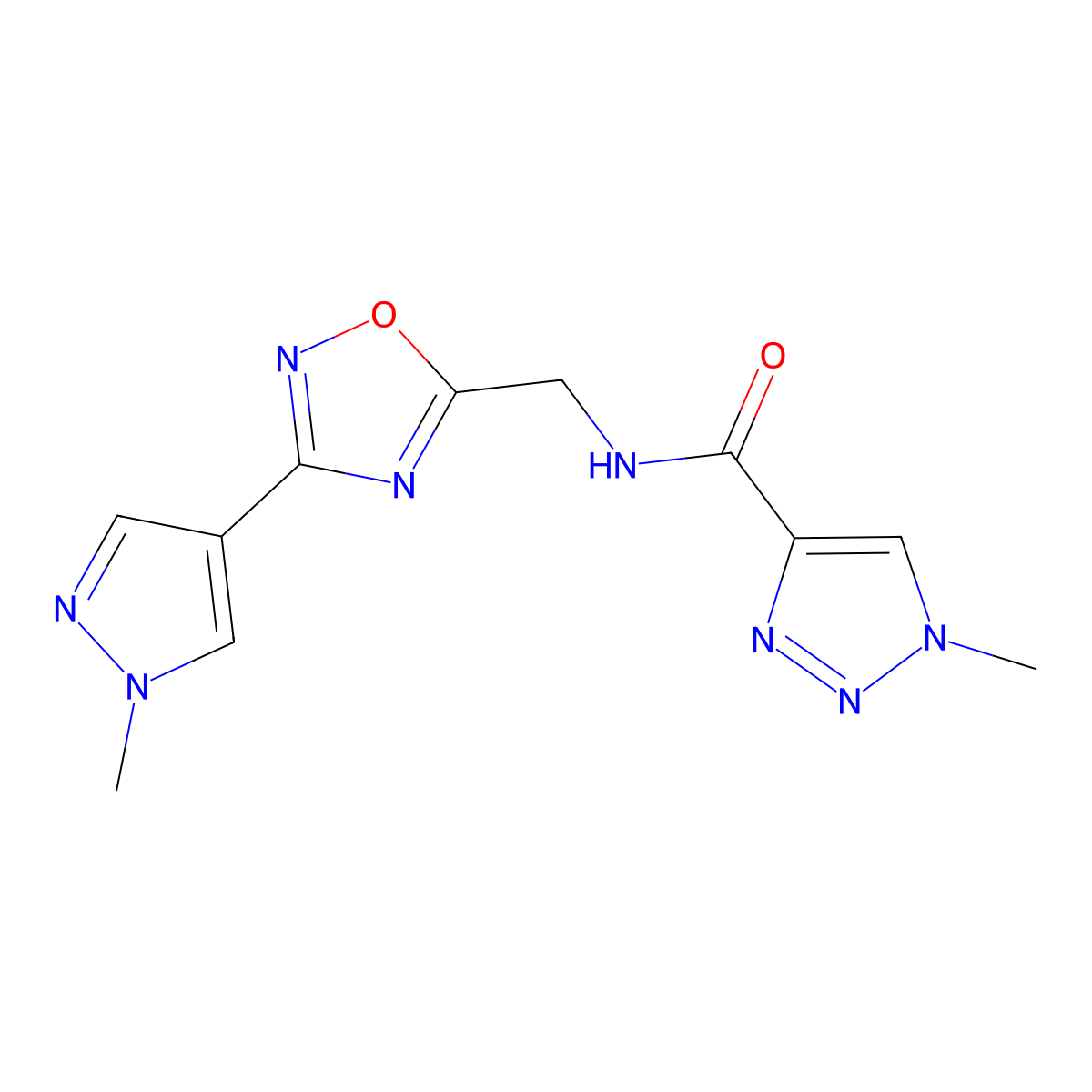 1-methyl-N-((3-(1-methyl-1H-pyrazol-4-yl)-1,2,4-oxadiazol-5-yl)methyl)-1H-1,2,3-triazole-4-carboxamide molecular structure, CAS 2034384-73-9